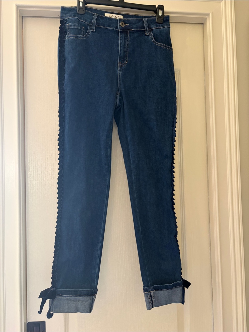 CHARLIE B Navy Straight-Leg Jeans with Side Scallop Trim & Ankle Ties